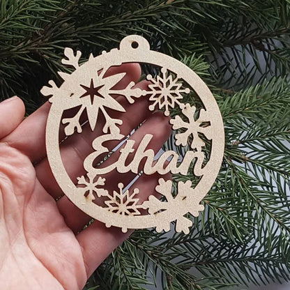 Wooden Christmas baubles, personalized name ornament, laser cut wood snowflake decoration, custom Christmas gift