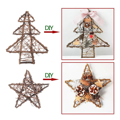 Natural Rattan Vine Stars Treetop Decoration Rattan Christmas Tree Ornament Xmas Floral Wreath Hoop Holder Base Christmas Decor