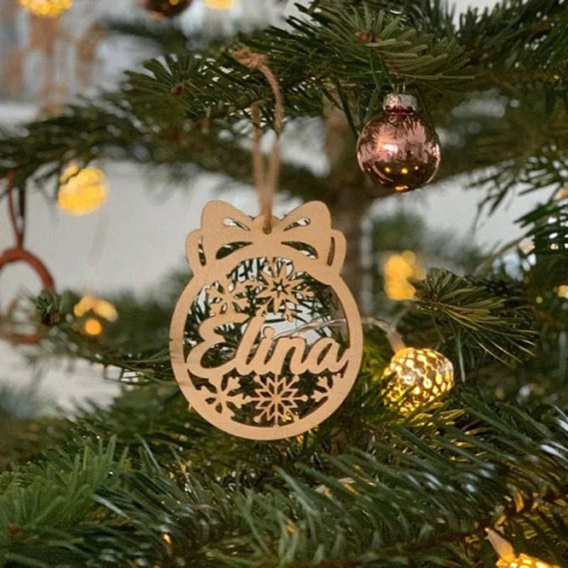 Wooden Christmas baubles, personalized name ornament, laser cut wood snowflake decoration, custom Christmas gift