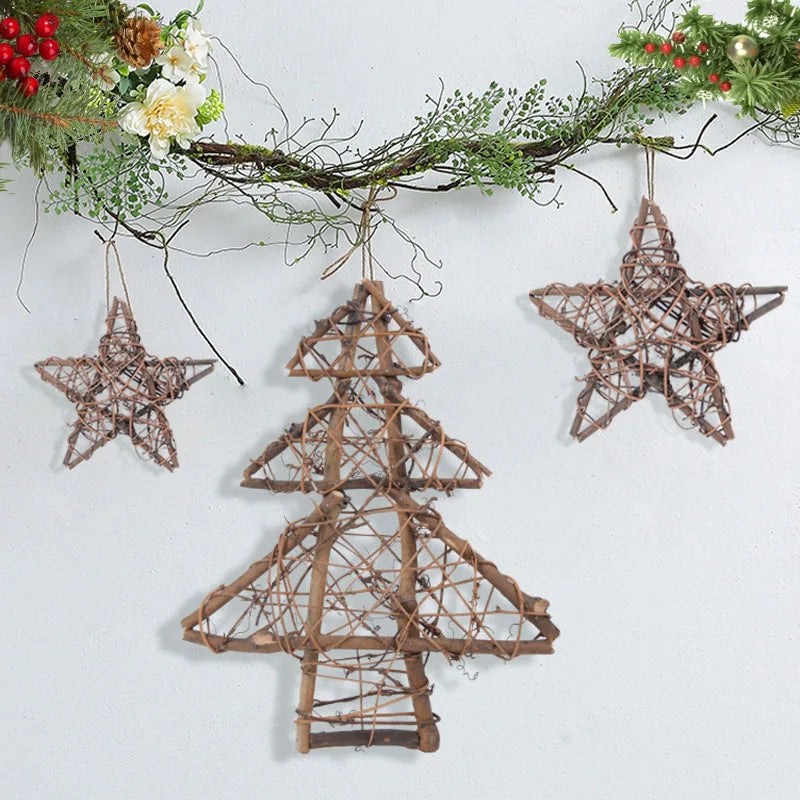 Natural Rattan Vine Stars Treetop Decoration Rattan Christmas Tree Ornament Xmas Floral Wreath Hoop Holder Base Christmas Decor