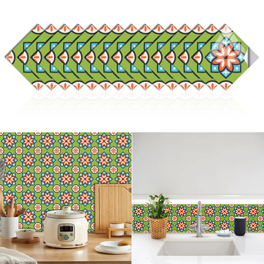 Bohemian Style Colorful Tiles Wall Sticker Home Decor Bathroom Kitchen Waist Line Wall Decals Waterproof PVC DIY Floor Diagonal