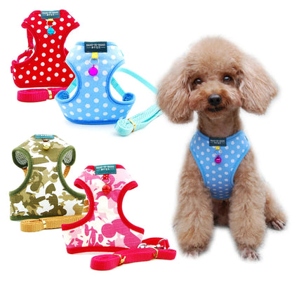 Dog Cat Polka Dot Print Cotton Harness Vest Pet Adjustable with Bell Walking Leash for Puppy Mesh Harness for Small Medium Dog