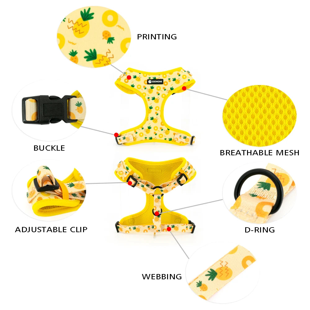 COLLARLOGO Adjustable No Pull Dog Harness Soft Mesh Padded Breathable Pet Puppy Vest Dog Harness Pineapple Print Design Durable