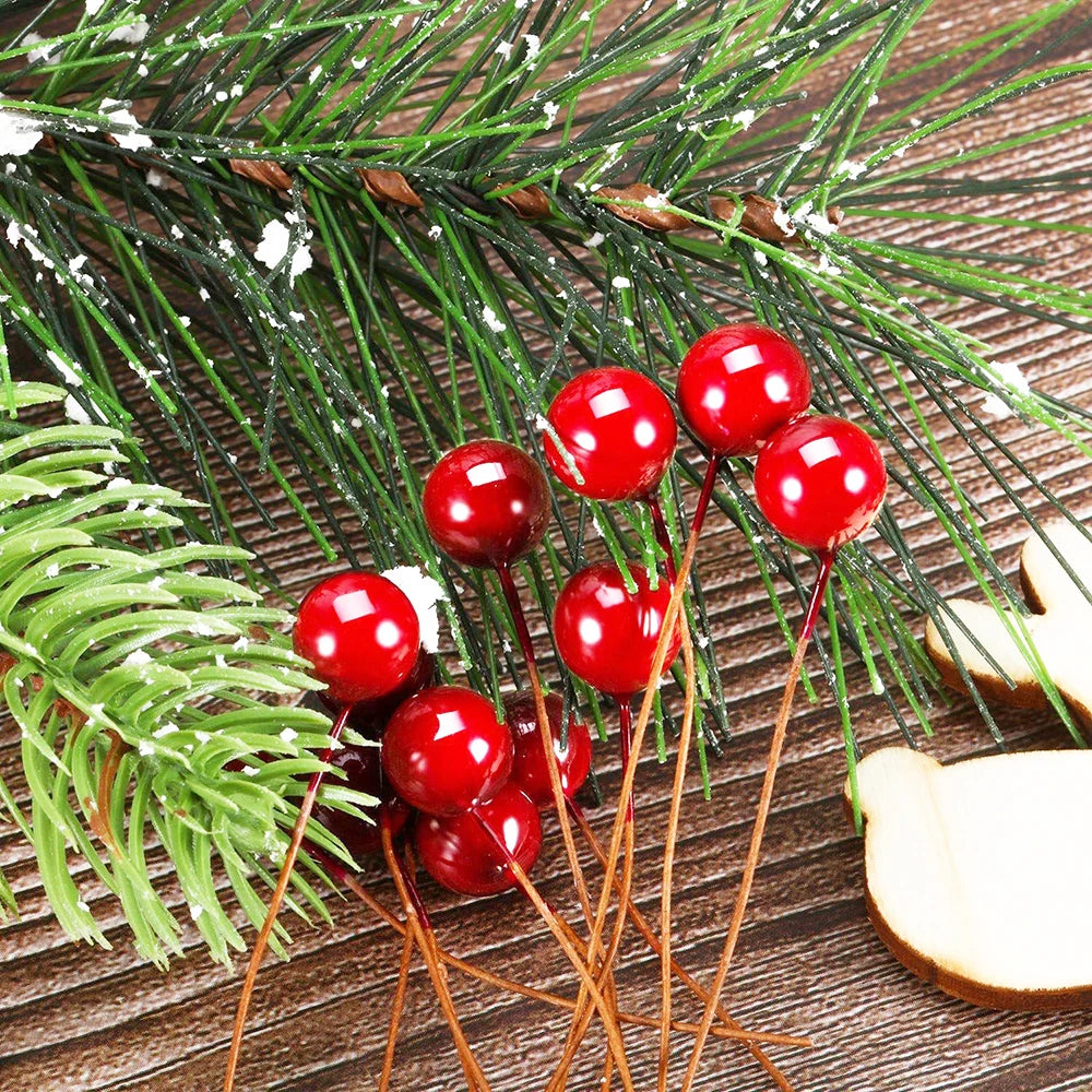 100/500PCS Christmas Berries Artificial Red Berry Flowers Pearl Stamens Small Foam Cherry New Year Party DIY Wreath Tree Decor