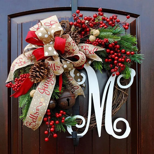 30CM Christmas Wreath Door Decoration M Letter Wreath Door Hanging Simulation Garland With Letter Red Fruit Bell Vine Decoration