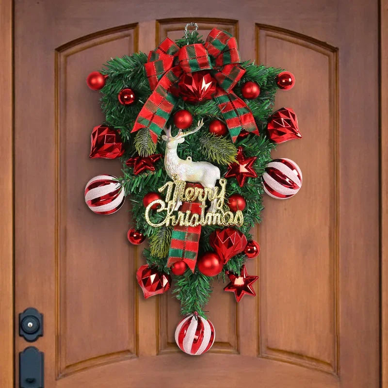 Christmas Wreath with Xmas Ball Deer Door Hanging Red Bow Garland Xmas Tree Ornaments Home Party New Year Window Decoration