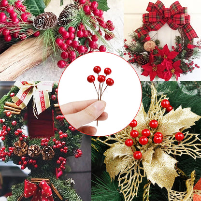 100/500PCS Christmas Berries Artificial Red Berry Flowers Pearl Stamens Small Foam Cherry New Year Party DIY Wreath Tree Decor