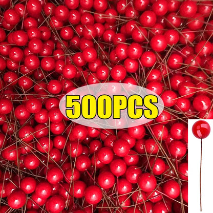 100/500PCS Christmas Berries Artificial Red Berry Flowers Pearl Stamens Small Foam Cherry New Year Party DIY Wreath Tree Decor