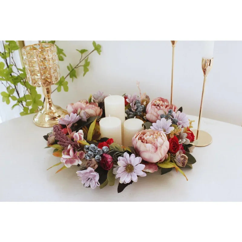 Artificial Retro Peony Flower Wreath 35CM Candlestick Wreath Christmas Halloween Decorative Flower Wedding Home Decor