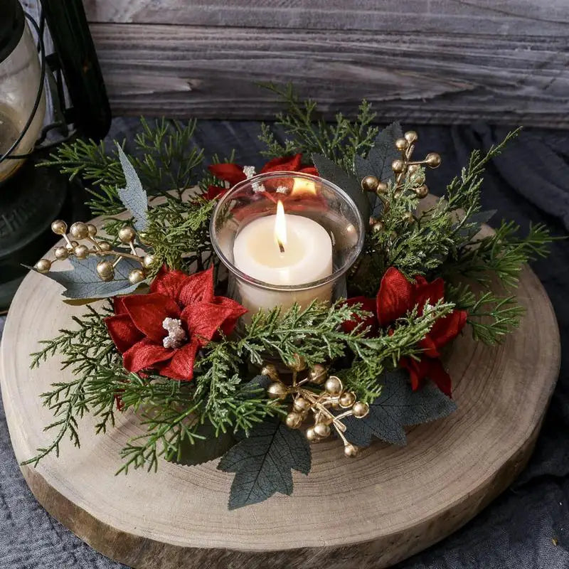 Pillar Candle Wreath Realistic Pillar Candle Ring Plants Wreath Artificial Tabletop Christmas Celebration Centerpiece Candles