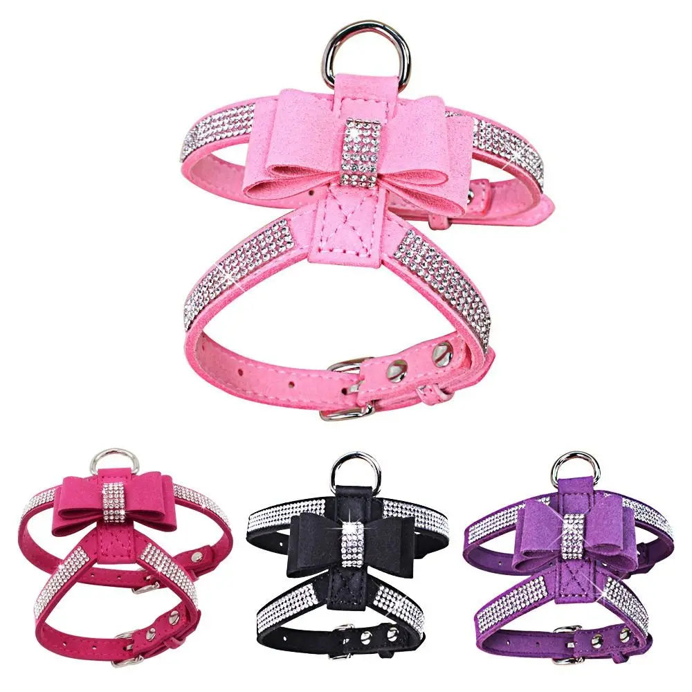 Bling Rhinestone Dog Harness PU Leather Walking Lead Pet Dog Harness Dog Chest Strap Training Protective Dog Chest Vest