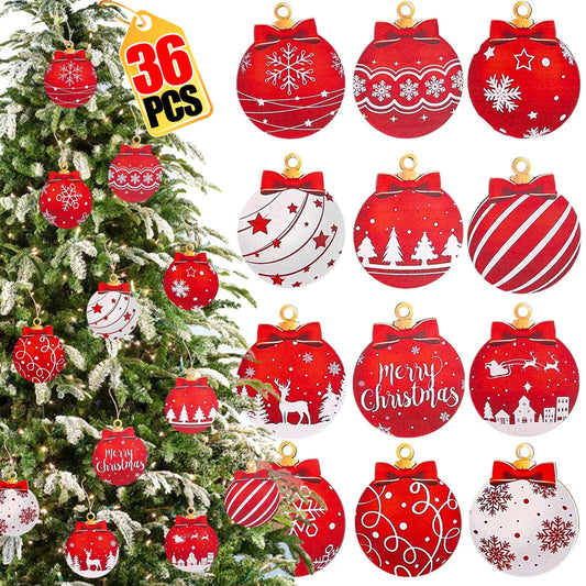 36/12pcs Merry Christmas Wooden Round Baubles Tags Christmas Balls Decoration DIY Craft Ornaments Xmas New Year Navidad Decor