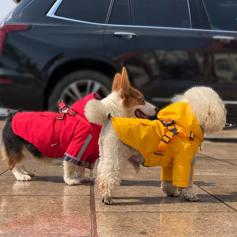 Dog Raincoat Reflective Waterproof Dog Clothes For Small Medium Dogs Cats Hooded Rain Coat Jacket with Harness Outdoor Raincape