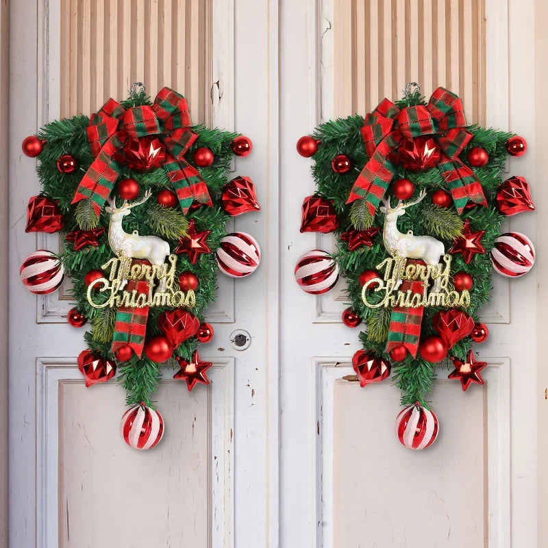 Christmas Wreath with Xmas Ball Deer Door Hanging Red Bow Garland Xmas Tree Ornaments Home Party New Year Window Decoration