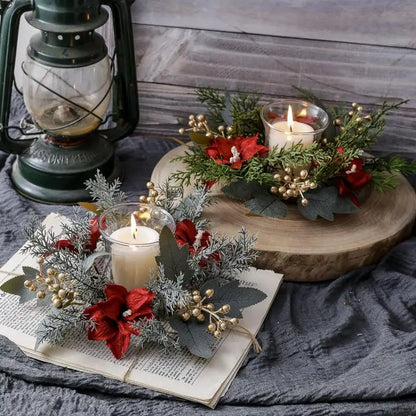 Pillar Candle Wreath Realistic Pillar Candle Ring Plants Wreath Artificial Tabletop Christmas Celebration Centerpiece Candles