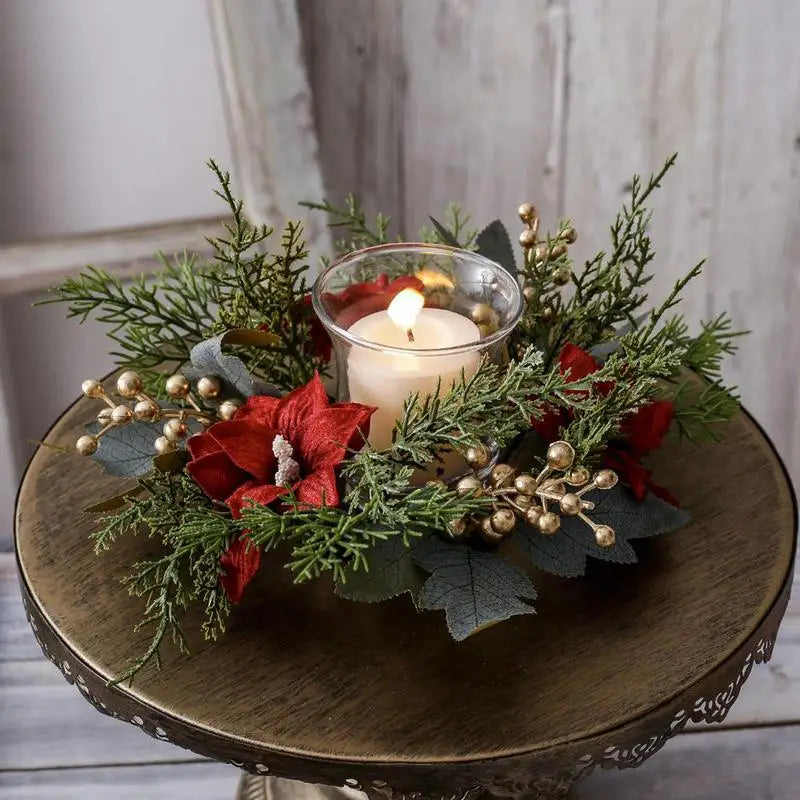 Pillar Candle Wreath Realistic Pillar Candle Ring Plants Wreath Artificial Tabletop Christmas Celebration Centerpiece Candles