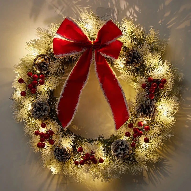 Light Up Christmas Wreath Pre-lit Artificial Wreath Adorned with Bowknot Pinecones Red Berries Front Door Party Decor Supplies