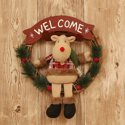 Christmas Wreath for Front Door Cartoon Snowman Santa Elk Doll Wreath for Indoor Outdoor Porch Decoration