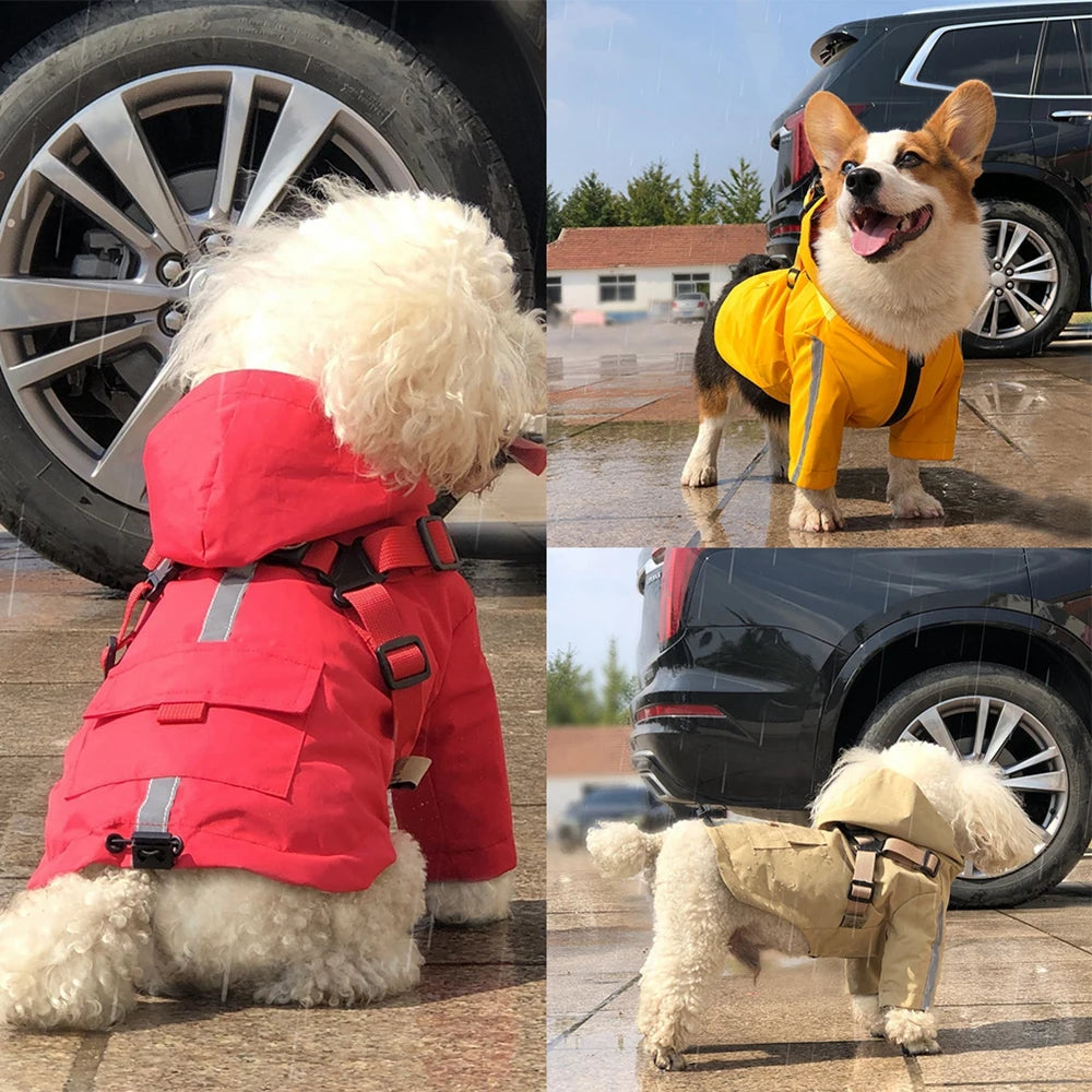 Dog Raincoat Reflective Waterproof Dog Clothes For Small Medium Dogs Cats Hooded Rain Coat Jacket with Harness Outdoor Raincape