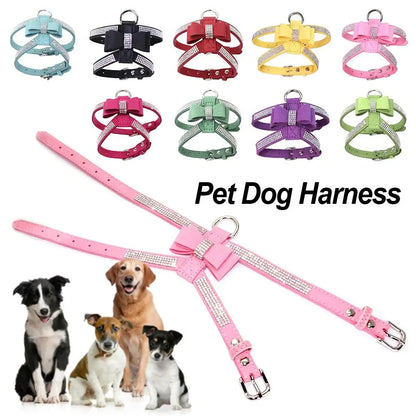 Bling Rhinestone Dog Harness PU Leather Walking Lead Pet Dog Harness Dog Chest Strap Training Protective Dog Chest Vest