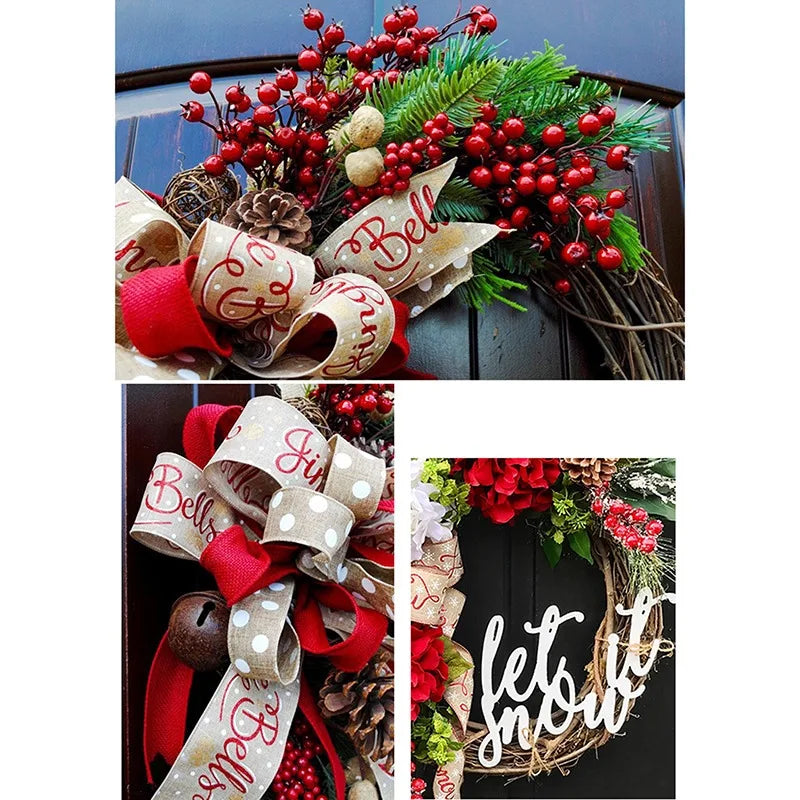 30CM Christmas Wreath Door Decoration M Letter Wreath Door Hanging Simulation Garland With Letter Red Fruit Bell Vine Decoration