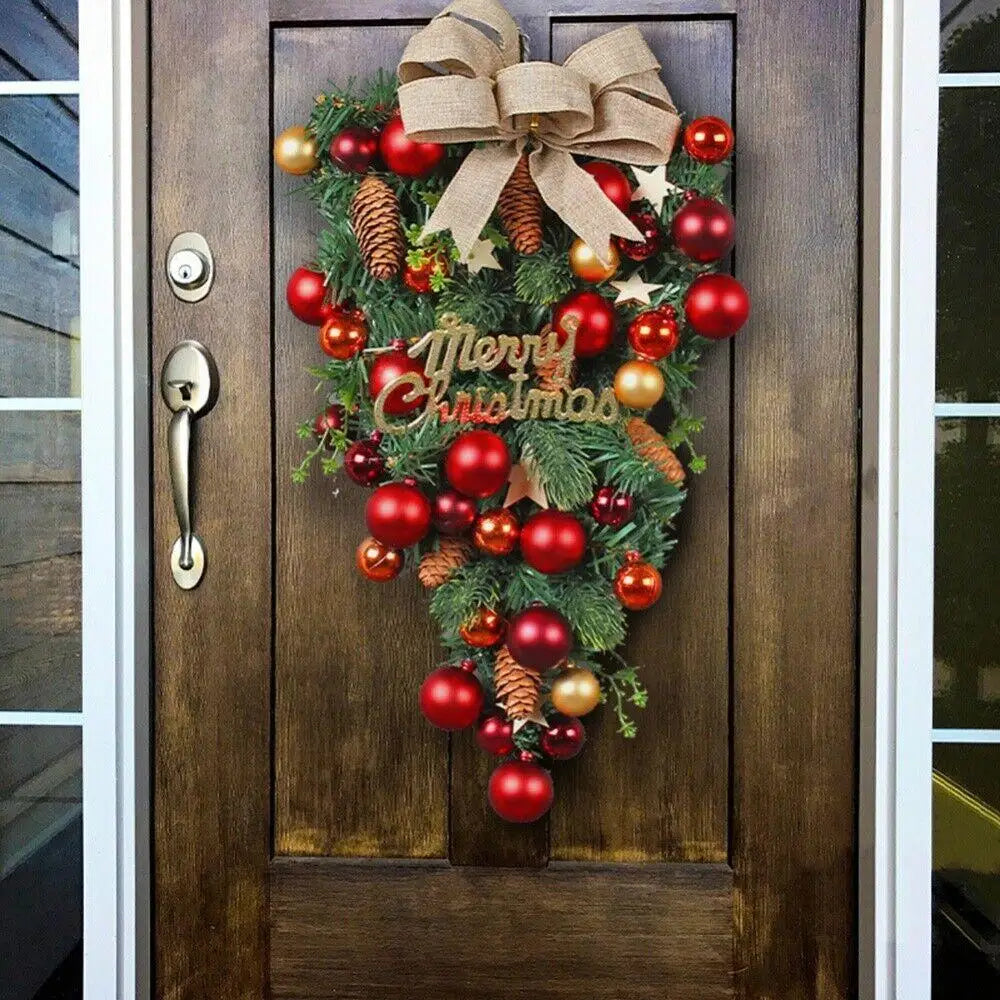 2024 Christmas Door Wreath Swag Wreath w/Large Ribbon Bows Xmas Decoration for Front Door Window Wall Door Home Decorations