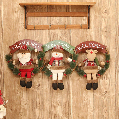 Christmas Wreath for Front Door Cartoon Snowman Santa Elk Doll Wreath for Indoor Outdoor Porch Decoration