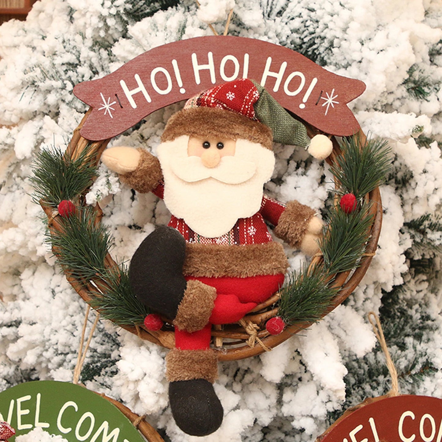 Christmas Wreath for Front Door Cartoon Snowman Santa Elk Doll Wreath for Indoor Outdoor Porch Decoration