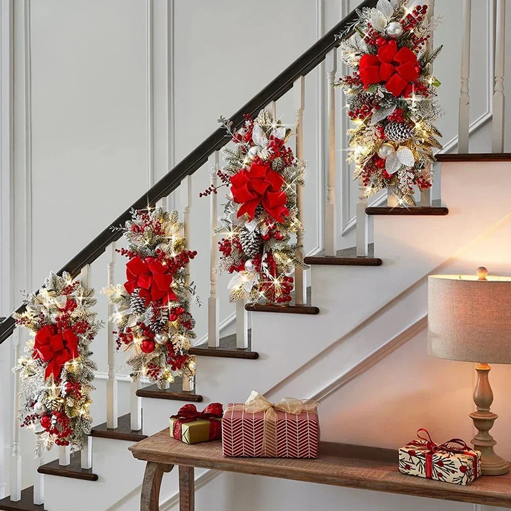 Hanging Stairs Garland Christmas Swag Door Wreath Pendants Stairway Swag Trim Lights Up LED Wreath Christmas Hanging Decoration