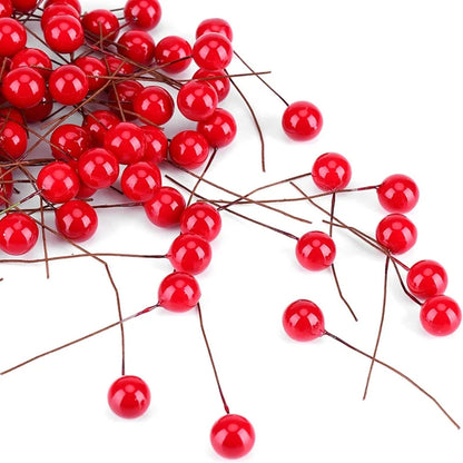 100/500PCS Christmas Berries Artificial Red Berry Flowers Pearl Stamens Small Foam Cherry New Year Party DIY Wreath Tree Decor