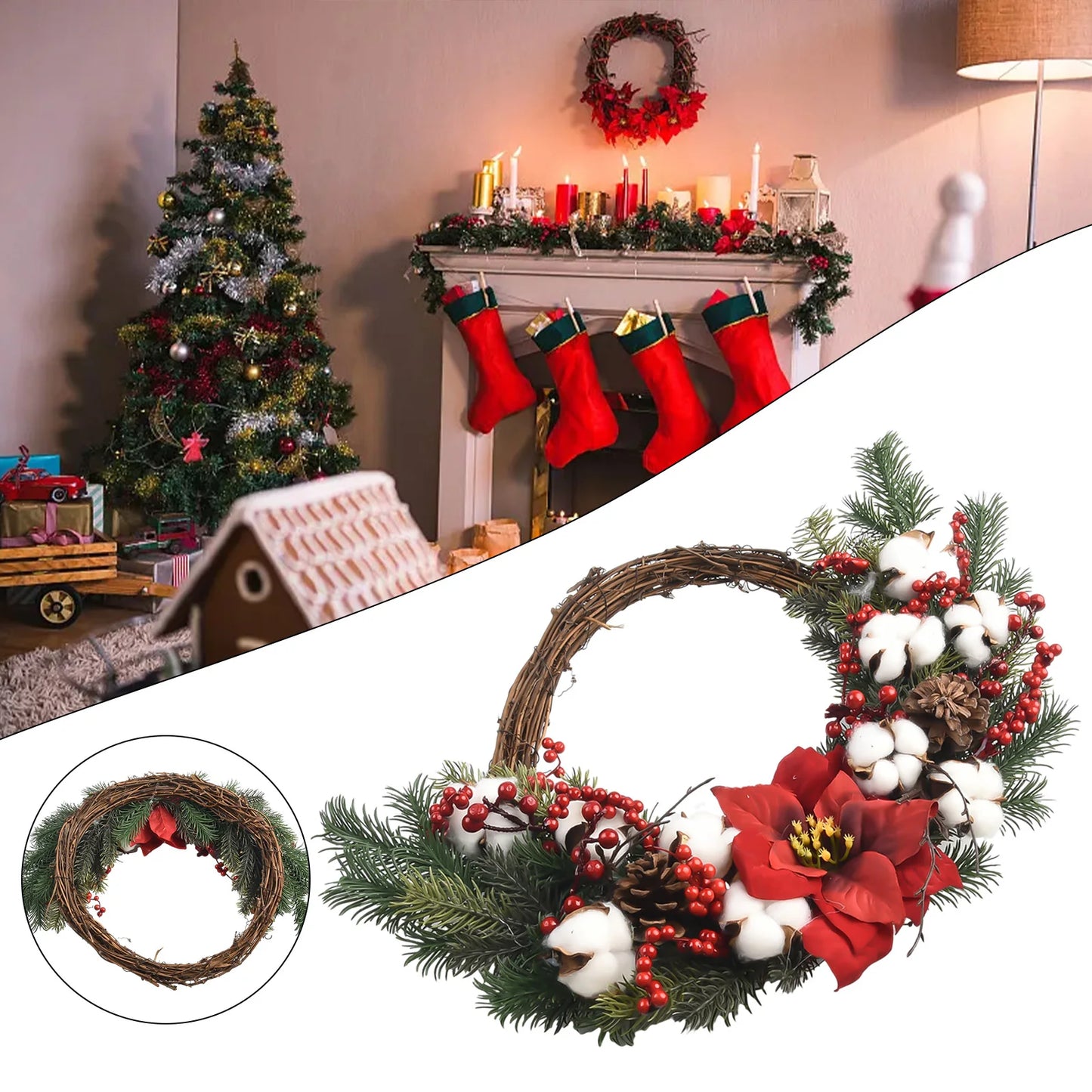 1pc Christmas Wreath Artificial Plant Rattan Circle Wall Decor Simulation Flower Hanging Garland For Christmas Decorations